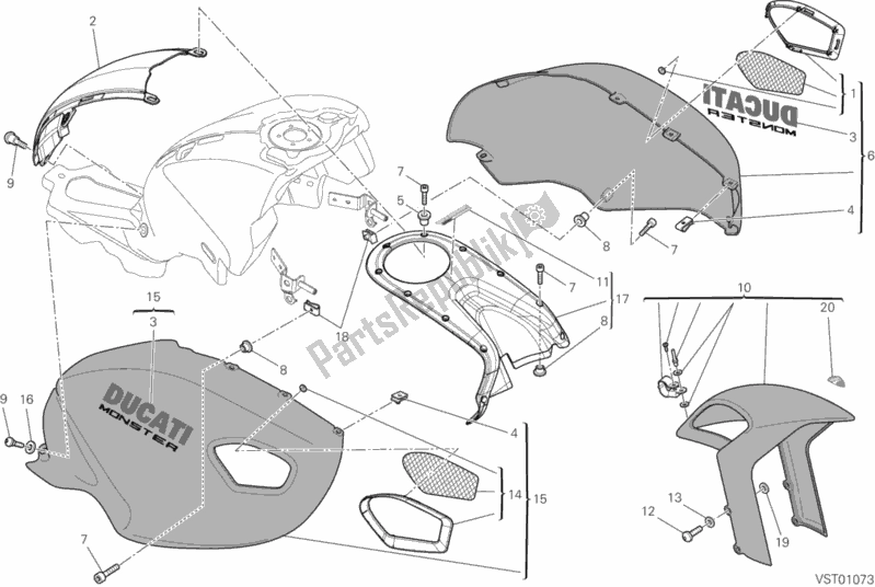 All parts for the Fairing of the Ducati Monster 696 ABS USA 2014